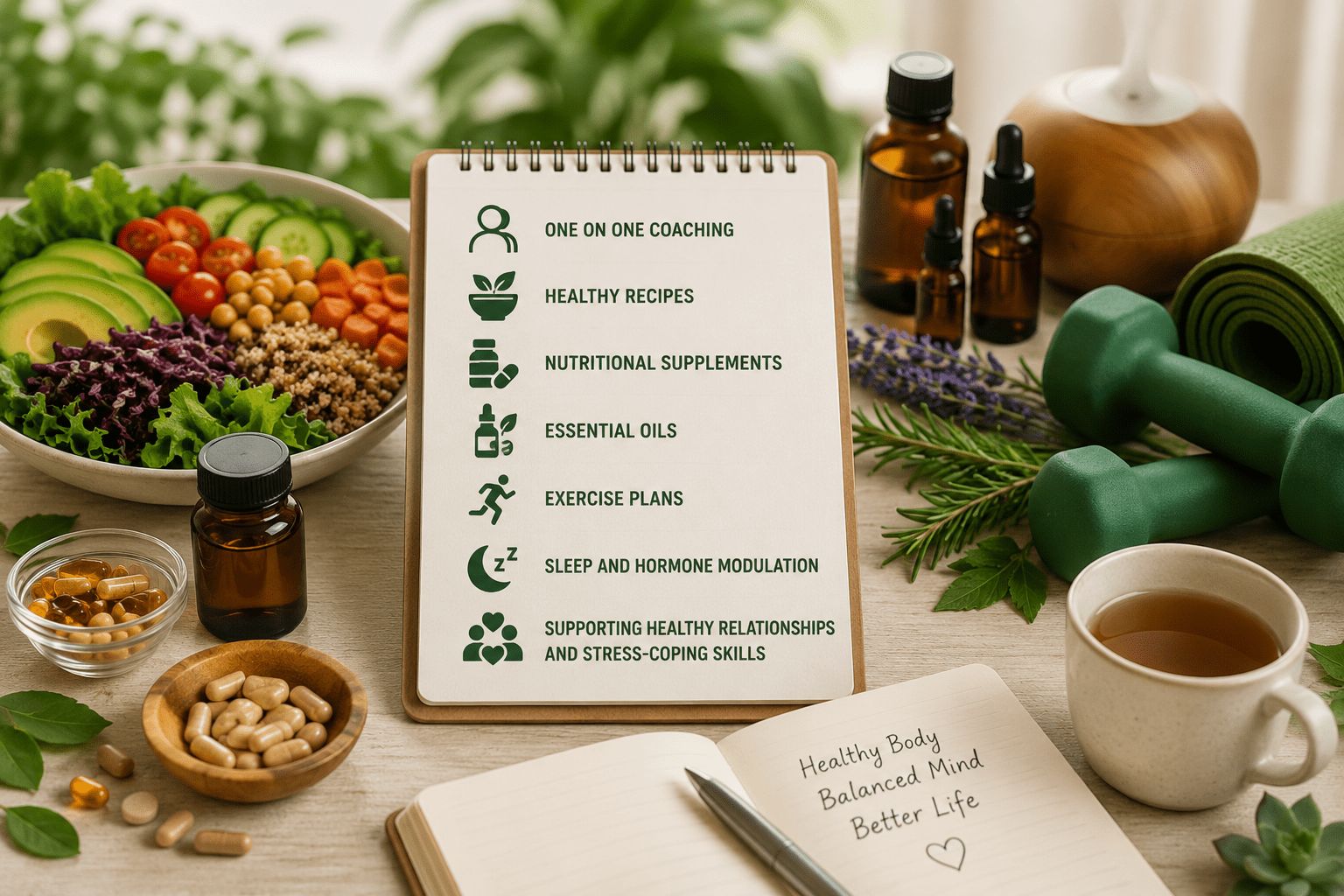 Wellness flat lay showing healthy food, supplements, essential oils, exercise items, and a checklist representing nutrition coaching and holistic health services.