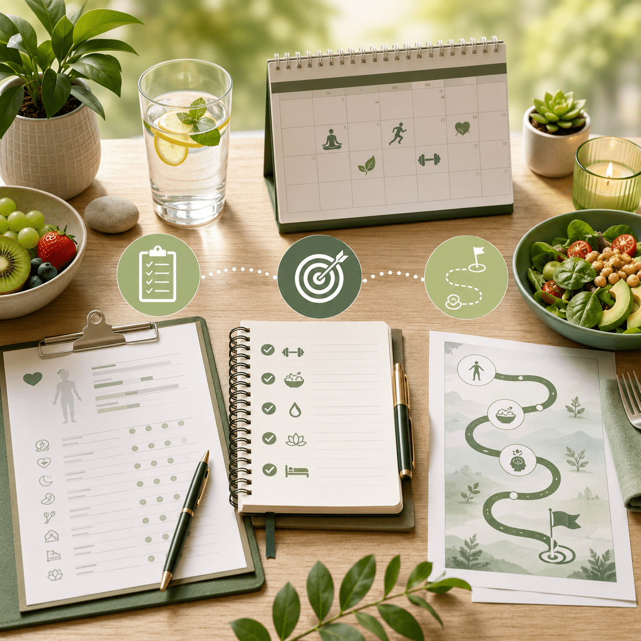 Wellness planning scene with a health assessment form, goal setting icons, a personalized action plan notebook, healthy food, and lifestyle visuals representing a health coaching consultation.