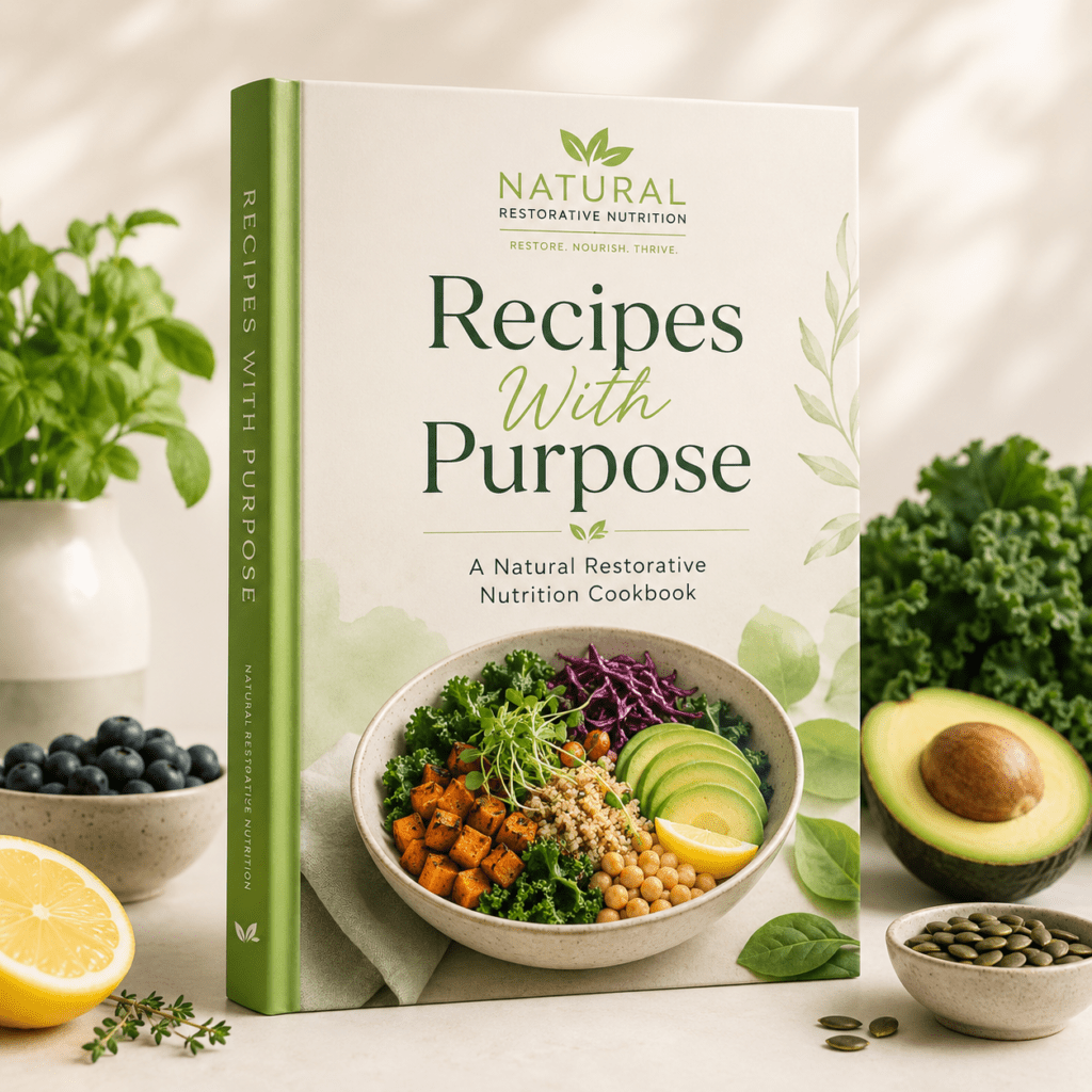 Natural Restorative Nutrition cookbook titled Recipes With Purpose displayed with fresh healthy foods, including avocado, greens, blueberries, lemon, and seeds.