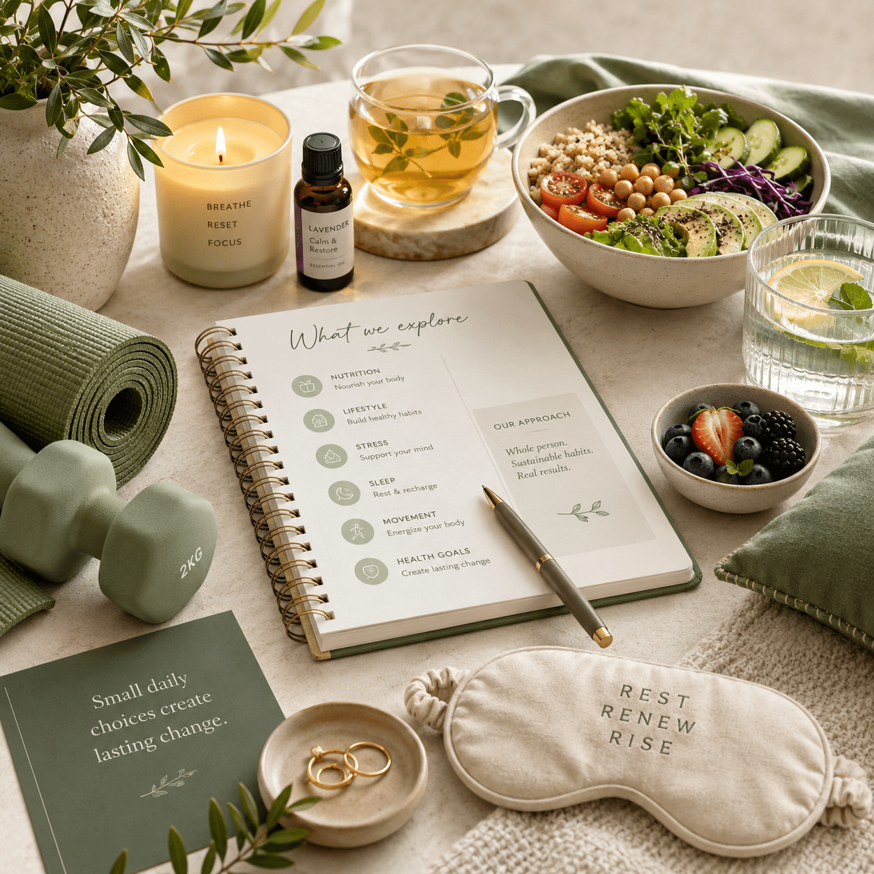 Wellness-themed flat lay featuring healthy food, tea, a notebook, yoga mat, and self-care items representing nutrition, lifestyle, stress, sleep, movement, and health goals.